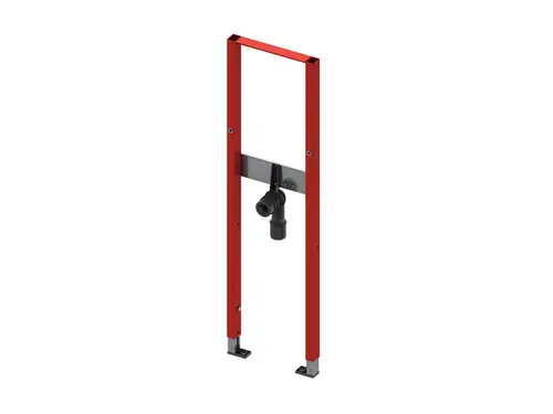 TECE Waschtisch-Modul in roter Farbe mit Wandbefestigung, bestehend aus einem stabilen Rahmen und einer anschlussfertigen Armatur. Ideal für Badezimmerinstallationen.